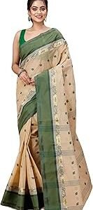 Women's Traditional Bengal Tant Pure Cotton Design Border & Butta Tant Saree Without Blouse Piece