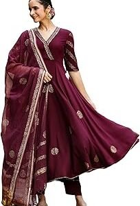 Womenâ€™s Elegant Wine Anarkali Kurta Set with Dupatta | Printed Traditional Soft Rayon Fabric