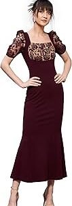 Women's Square Neck Short Puff Sleeve Self Design Lace Overlaid Bodycon Midi Dress (MCSS23D79-01-184-04, Wine, M)