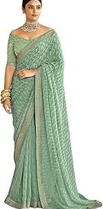 Women's Bandhani Printed Embroidery Lace Georgette Saree with Unstitched Blouse Piece