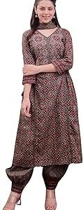 Women's Pure Cotton Printed Straight Kurta Set with Afgani Pants & Dupatta- Ethnic Wear, Brown