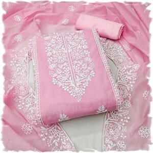 Women's Cotton Chanderi Embroidery Work Unstitched Salwar Suit Dress Material With Chanderi Work Dupatta (DM Panel_Free Size)