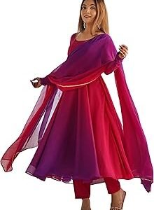 Women's Georgette Anarkali Kurta Set with Dupatta | Elegant Pink Ethnic Dress | Flared Long Kurti for Festive