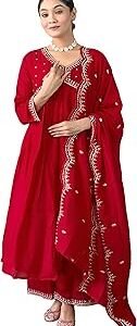 Women's Vichitra Silk Embroidered A-line Kurta with Vichitra Silk Pant and Chinon Embroidered Dupatta Sets (NK-443)