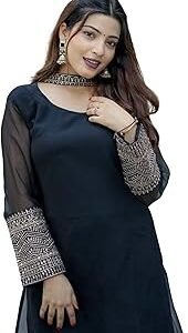 Women's Georgette Sequine Lace Work Kurta Palazzo and Dupatta Set