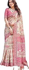 Handloom Cotton Floral Printed Saree with Tassels on Edges & Attached Blouse Piece | 5.5 Meter Saree + 0.8 Meter Blouse