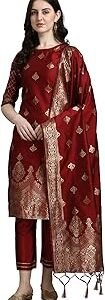 Women's Cotton Silk Jacquard Kurta Pant with Dupatta Set