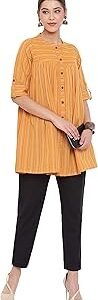 Women's Mustard Cotton Woven Design Gathered Tunic