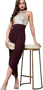 Women's Halter Neck Sleeveless Solid Embellished Midi Dress with Pocket