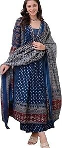 Women's Rayon Printed Anarkali Kurta and Pant with Dupatta Set