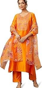 Women's Kurta Pant Set with Embroidered Organza Dupatta | Viscose,Rayon | A-line fit