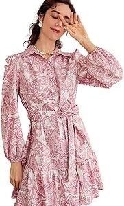Women's Paisley Shirt Dress – Belted Waist, Puff Sleeves, Button-Down Front, Elegant Casual Wear