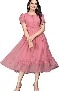 Women's Georgette Printed Polka Dot Pattern Puff Sleeves Maxi Dress for Women | Fit and Flare Below The Knee One Piece