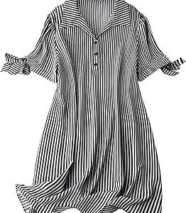 Striped Shirt Style Mini Dress for Women | Collared Casual A-Line | Tunic with Tie Sleeves & Front Buttons