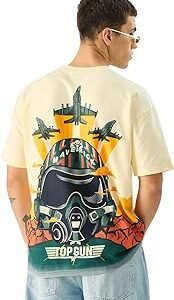 Official Top Gun: Jets Men and Boys Short Sleeve Round Neck Off White Graphic Printed Cotton Oversized T-Shirts