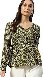 Women's Green Cotton Top with Lace Detail and Printed Pattern