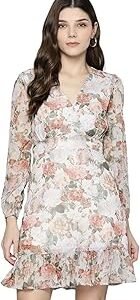 Women's Floral Chiffon Fit & Flare Dress | Full Sleeves | Knee-Length | Frill Hem | Zipper Closure