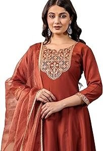 Women's Silk Blend Weaving and Embroidery Lace Straight Kurta with Pant & Dupatta