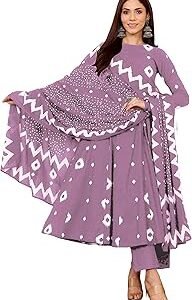 | Rayon Anarkali Printed Kurta with Pant & Dupatta | Cotton Kurta Set for Women | Stylish Co-Ord Set with Dupatta Ethnic Dress for Women