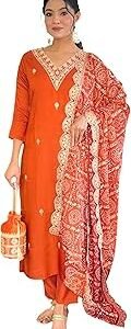 Women's Orange BSY Viscose Embroidered Straight Kurta with BSY Viscose Pant and Silk Blend Embroidered Laced Dupatta Sets (Available in Plus Size) (NX-640)