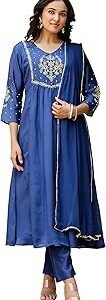 Women's Silk Chiffon Embroidered A-Line Kurta with Pant and Dupatta Sets (NX2-661)