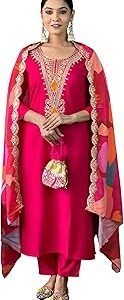 Women's Red Viscose Silk Embroidered Straight Kurta with Pant and Dupatta Sets (Available in Plus Size) (NX-546)
