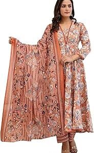 Women's Printed Cotton Anarkali Kurta & Pant With Dupatta Set