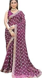 Women’s Georgette Saree with Lace Border | Checkered Geometric Digital Printed Saree for Women