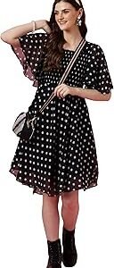 Women's Fit and Flare Polka Print Georgette Flared Sleeve Casual Dress