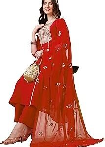 Women's Cotton Silk Embroidered Kurta Palazzo and Dupatta Set