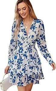 Womenâ€™s V-Neck Floral Print Ruffle Long Sleeve A-Line Mini Dress | Elegant Casual Party Outfit | Lightweight Layered Summer Wear