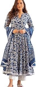 Women's Cotton Printed Anarkali Kurta with Palazzo & Dupatta Set