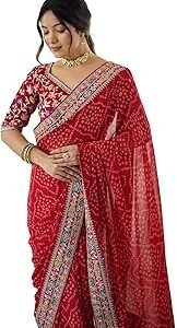Women's Georgette Bandhani Printed Festive Saree with Unstitched Blouse Piece