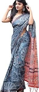 Women’s Pure Soft Cotton Saree Linen For Kalamkari Silk Sarees Latest Party Design Wear Wedding Sadi With Blouse Piece Sari South Mulmul ikkat Mul Print 2025 New (Kalamkari) (Grey)