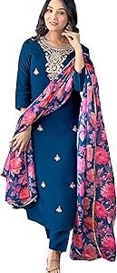 Women's Rayon Embroidered and Printed Straight Kurta with Pant and Dupatta Sets (Available in Plus Size) (NX3-513)