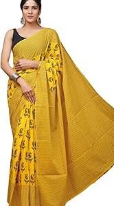 Jaipuria Block Printed Pure Cotton Mulmul Saree For Women With Unstitched Blouse Peice