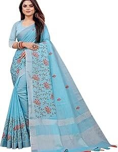 Women's Linen Cotton Woven Embroidery Traditional Saree