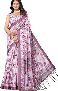 Women's Plain Digital Print Art Silk Cotton Saree with Tassels Golden Border-Lightweight Elegant Ethnic Wear for Festive and Casual Occasions