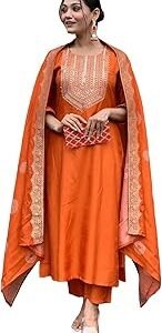 Women's Rayon Viscose Straight Embroidered Kurta with Pant & Dupatta