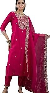 Women's Viscose Embroidered Straight Kurta & Pant with Dupatta Set, Kurta Set