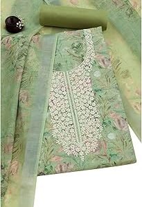 Womens Linen Botanical Print Unstitch Dress Material With Thread Work