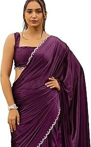 Women's Silk Stone Work Farewell Plain Saree with Blouse Piece | Scalloped Cut Work Border
