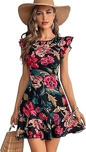 Girl's & Women's Floral Print Cap Sleeve Ruffle Trim Short Dress Summer Boho One Piece Mini Dress for Women Stylish Dresses (Midi 170)