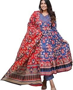 Women's Jaipuri Printed Anarkali Kurta Set with Dupatta | Cotton Blend Long Flared Ethnic Dress for Festive