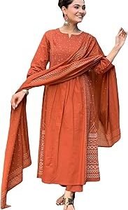 Women's Rayon Viscose Anarkali Printed Kurta with Pant & Dupatta