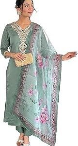 Women's Rayon Embroidered Straight Kurta with Pant and Dupatta Sets (Available in Plus Size) (NX-696)