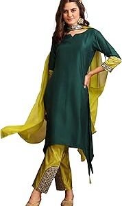 Women's Cotton Silk Embroidered Asymmetric Kurta Pant with Choker Dupatta Set
