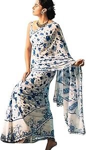 Women’s Pure Soft Cotton Saree Linen For Silk Sarees Latest Party Design Wear Kalamkari Wedding Sadi With Blouse Piece Sari South Mulmul ikkat Mul Print 2025 New (Pannu White Blue)