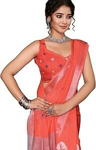 Women's Plain Digital Print Cotton Silk Blend Saree with Silver Weaving Border Tassels-Elegant Ethnic Wear for Festive and Casual Occasions