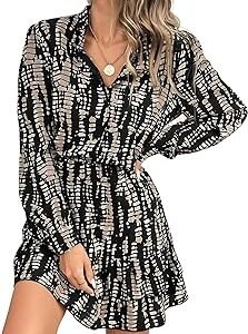Women's Western Shirt Dress | Long Sleeve Printed Mini Dress with Elastic Waist | Casual Button Down Short Dresses